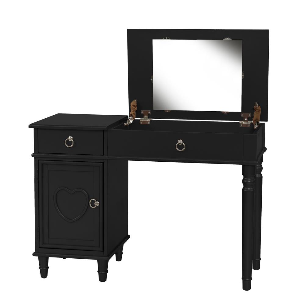 Wooden Makeup Vanity Set Desk, Mirror and Stool - Black