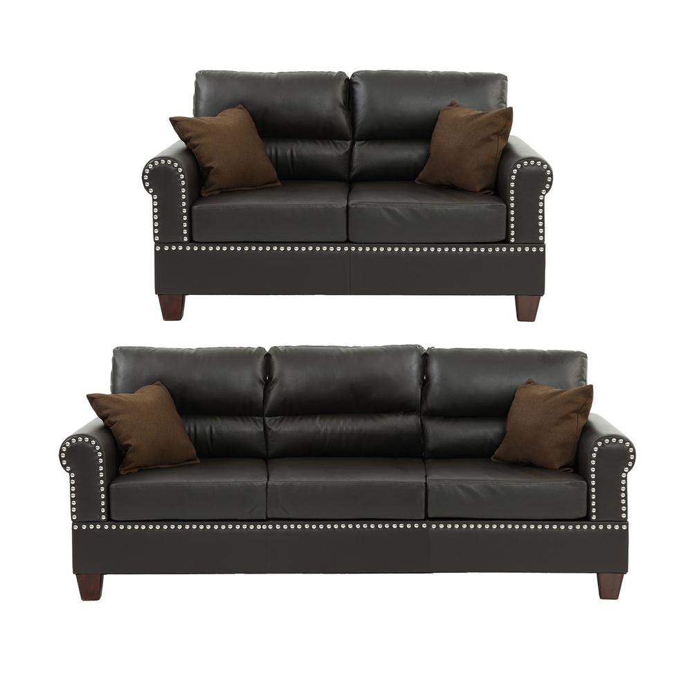 Poundex 2 Piece Sofa and Loveseat Set in Espresso Faux Leather