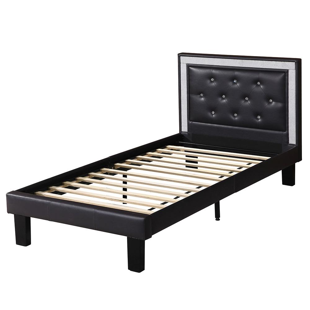 Twin Upholstered Bed Frame with Slats in Black Faux Leather