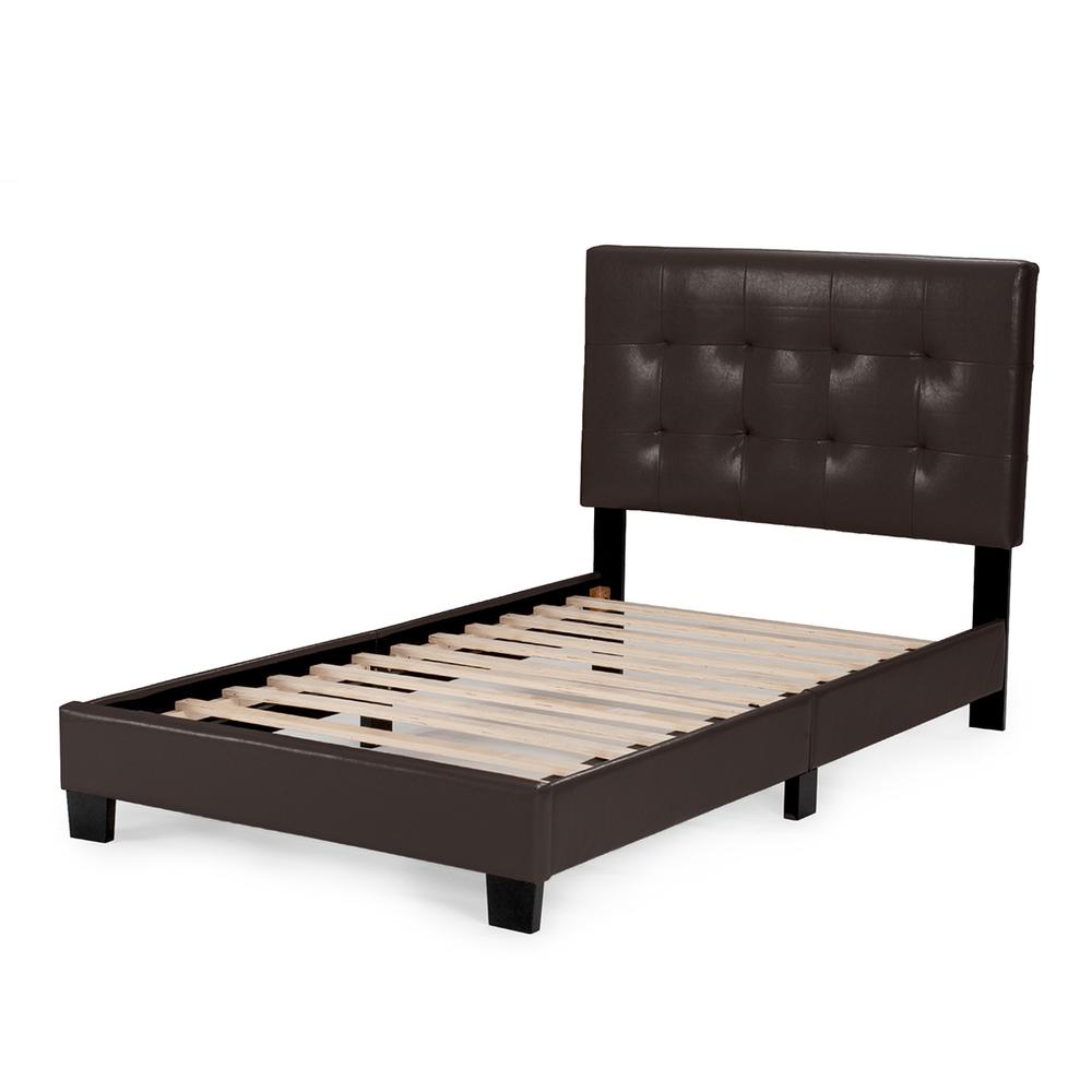 Twin Upholstered Bed Frame with Slats in Brown Faux Leather