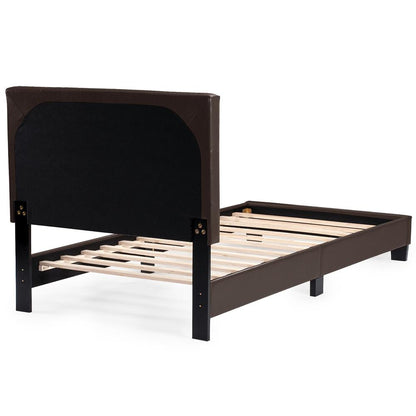 Twin Upholstered Bed Frame with Slats in Brown Faux Leather