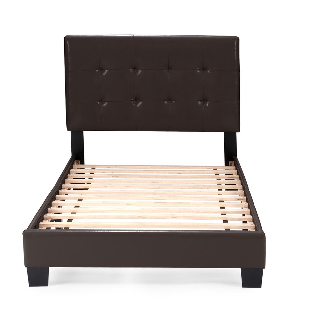 Twin Upholstered Bed Frame with Slats in Brown Faux Leather