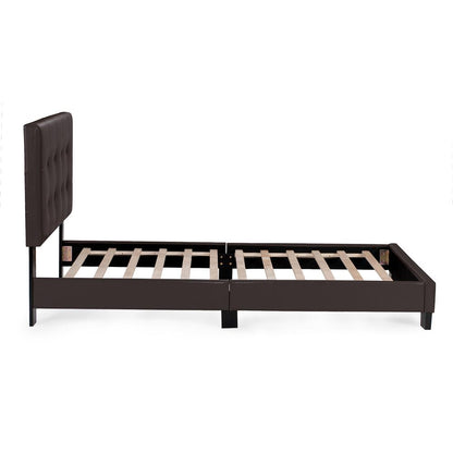Twin Upholstered Bed Frame with Slats in Brown Faux Leather