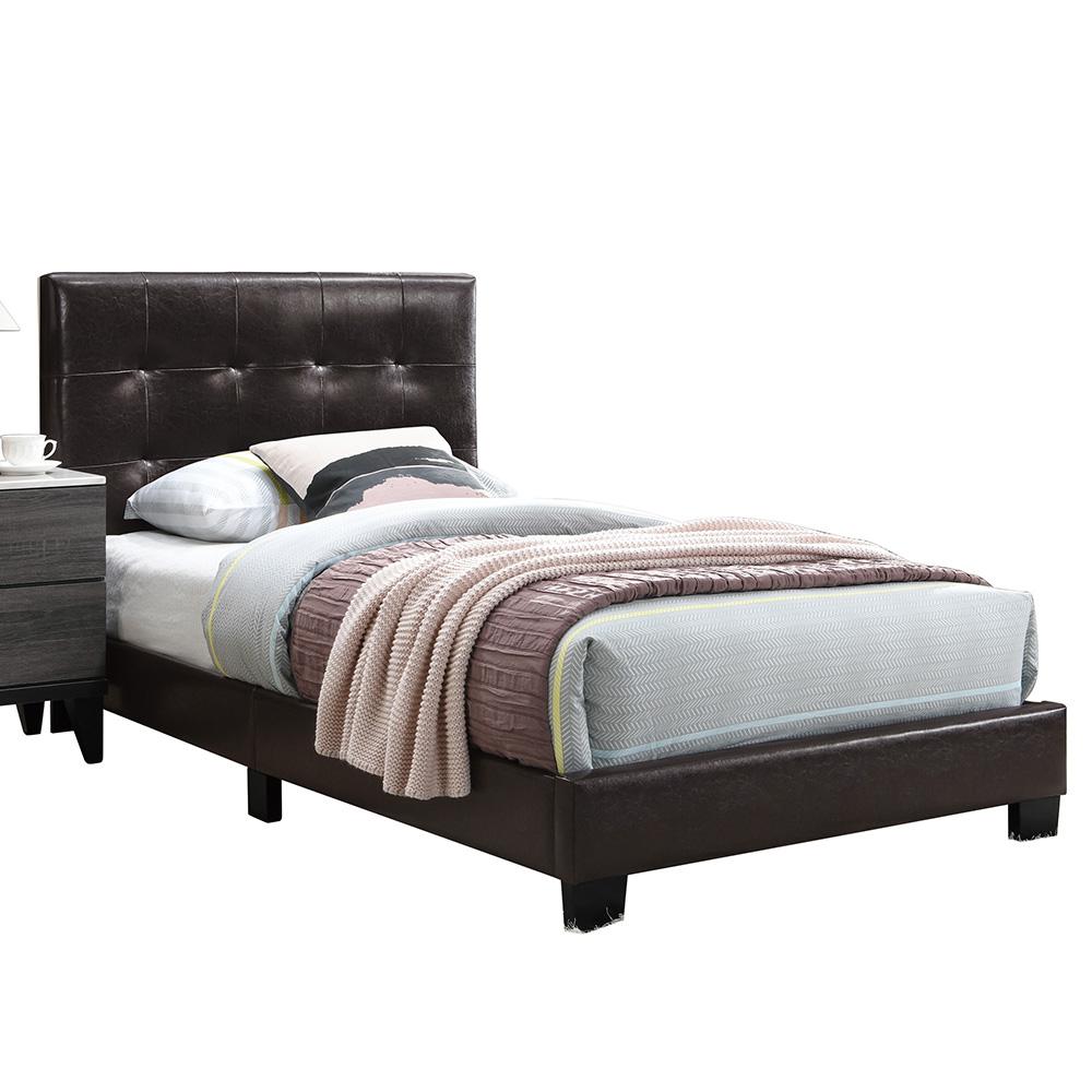 Twin Upholstered Bed Frame with Slats in Brown Faux Leather