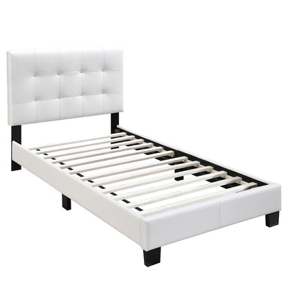 Twin Upholstered Bed Frame with Slats in White Faux Leather