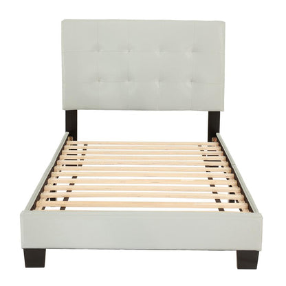 Twin Upholstered Bed Frame with Slats in White Faux Leather