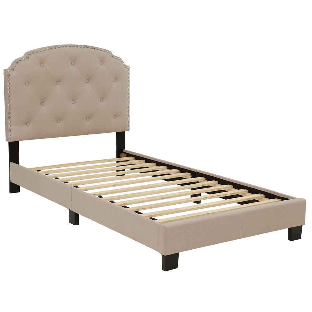 Twin Upholstered Bed Frame with Slats in Light Brown Burlap Fabric