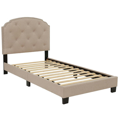 Twin Upholstered Bed Frame with Slats in Light Brown Burlap Fabric