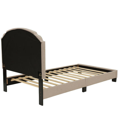 Twin Upholstered Bed Frame with Slats in Light Brown Burlap Fabric