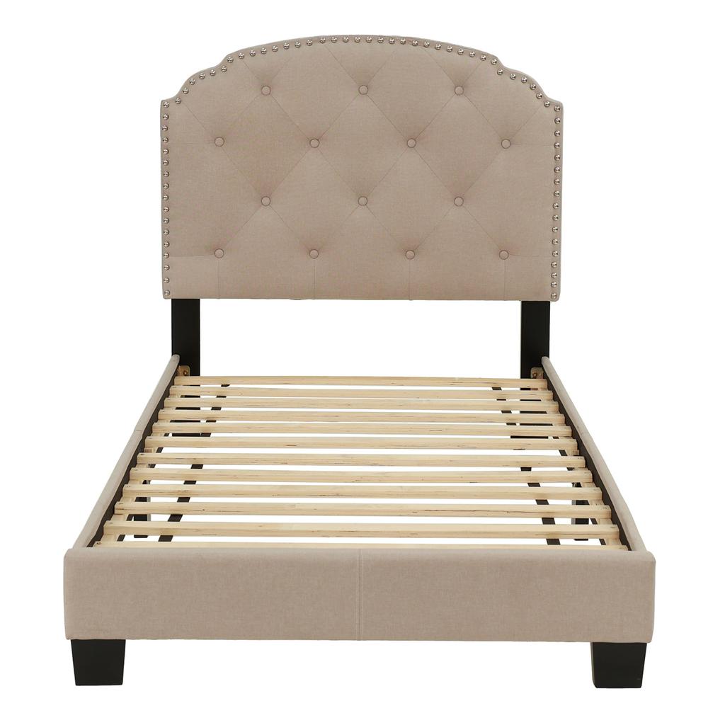 Twin Upholstered Bed Frame with Slats in Light Brown Burlap Fabric