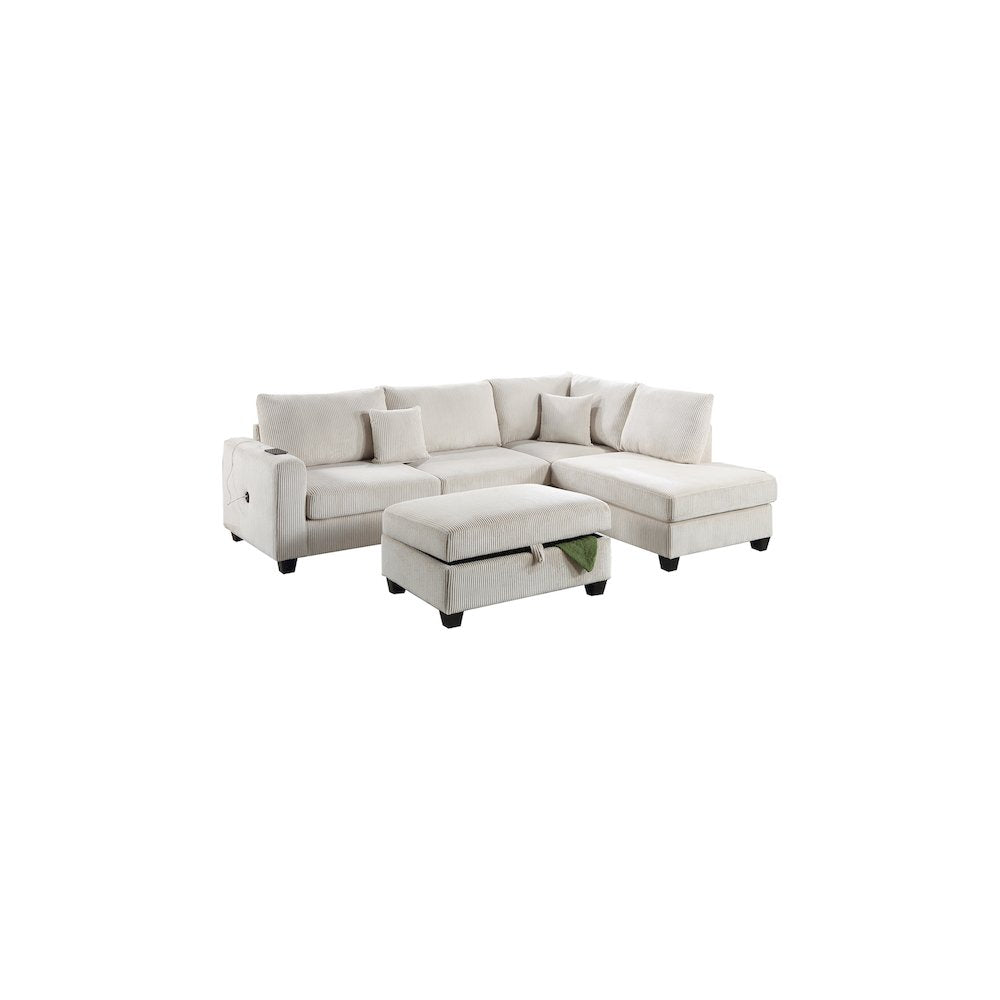 Upholstered Corduroy 3-Piece Sectional Set in Ivory