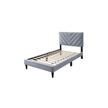 Adjustable V-Stitch Headboard Twin Bed Frame in Gray Velvet