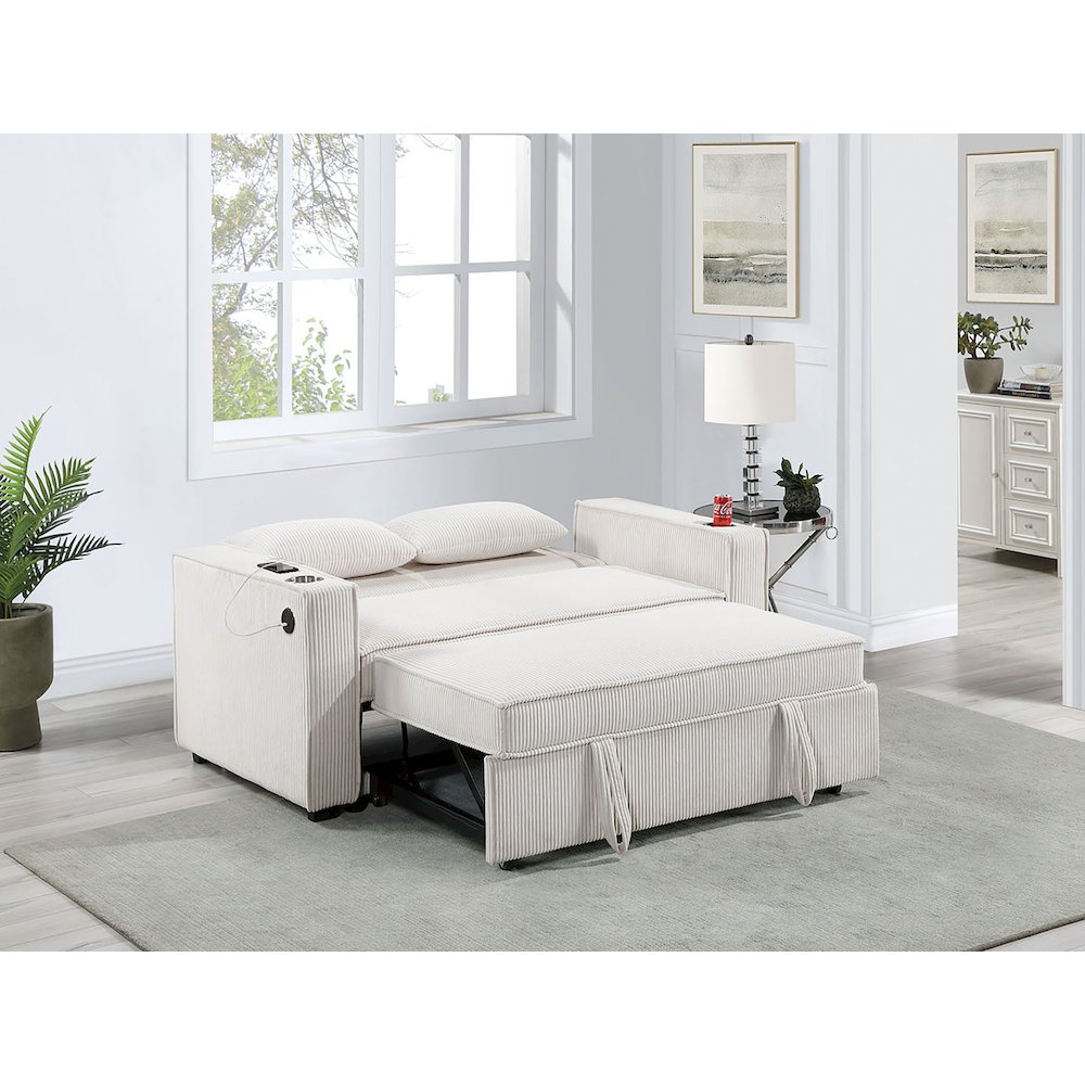 Upholstered Corduroy Convertible Sofa with Cupholders in Beige