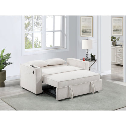 Upholstered Corduroy Convertible Sofa with Cupholders in Beige