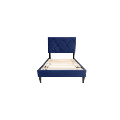 Adjustable Diamond Tufted Headboard Twin Bed Frame in Navy Blue Velvet