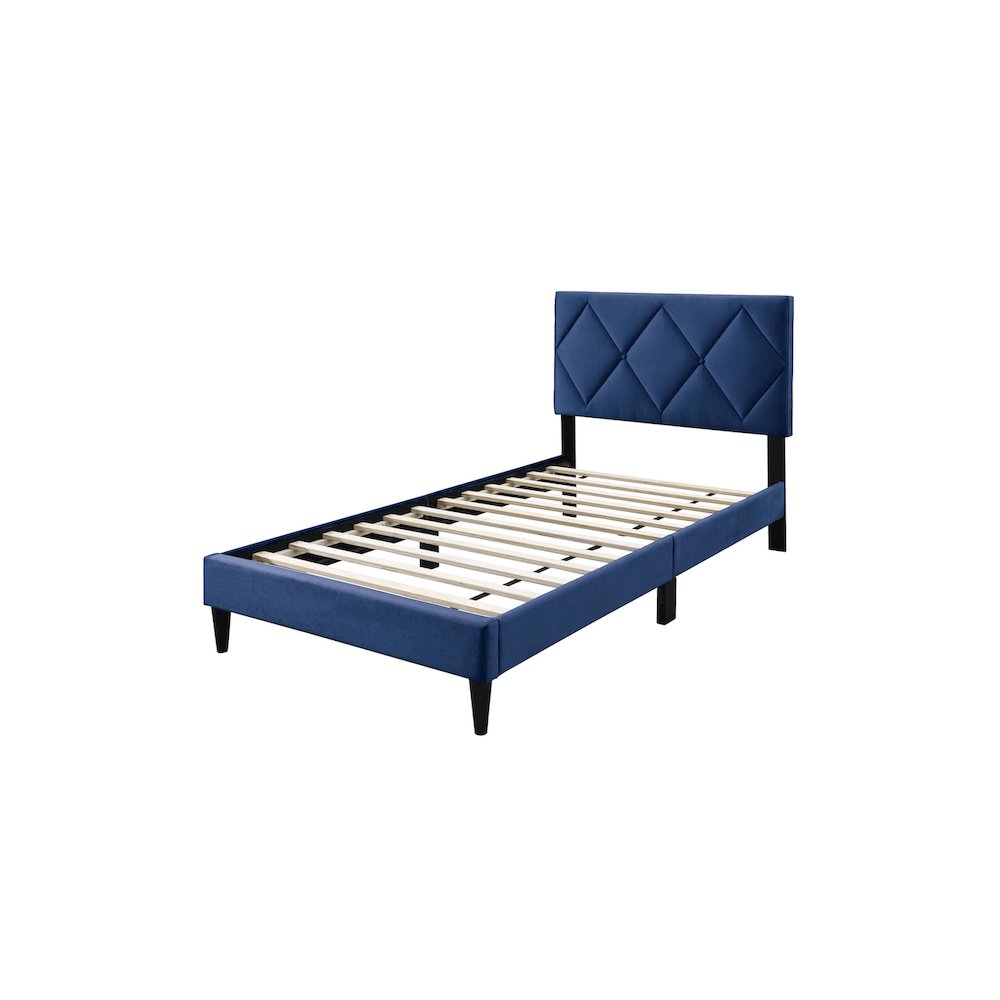 Adjustable Diamond Tufted Headboard Twin Bed Frame in Navy Blue Velvet