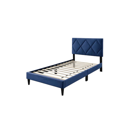 Adjustable Diamond Tufted Headboard Twin Bed Frame in Navy Blue Velvet