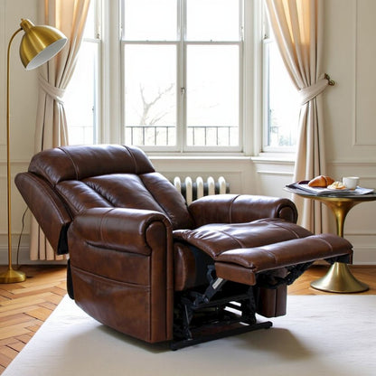 Brown Leather Recliner with Power Headrest, Lumbar, and Lift Assist
