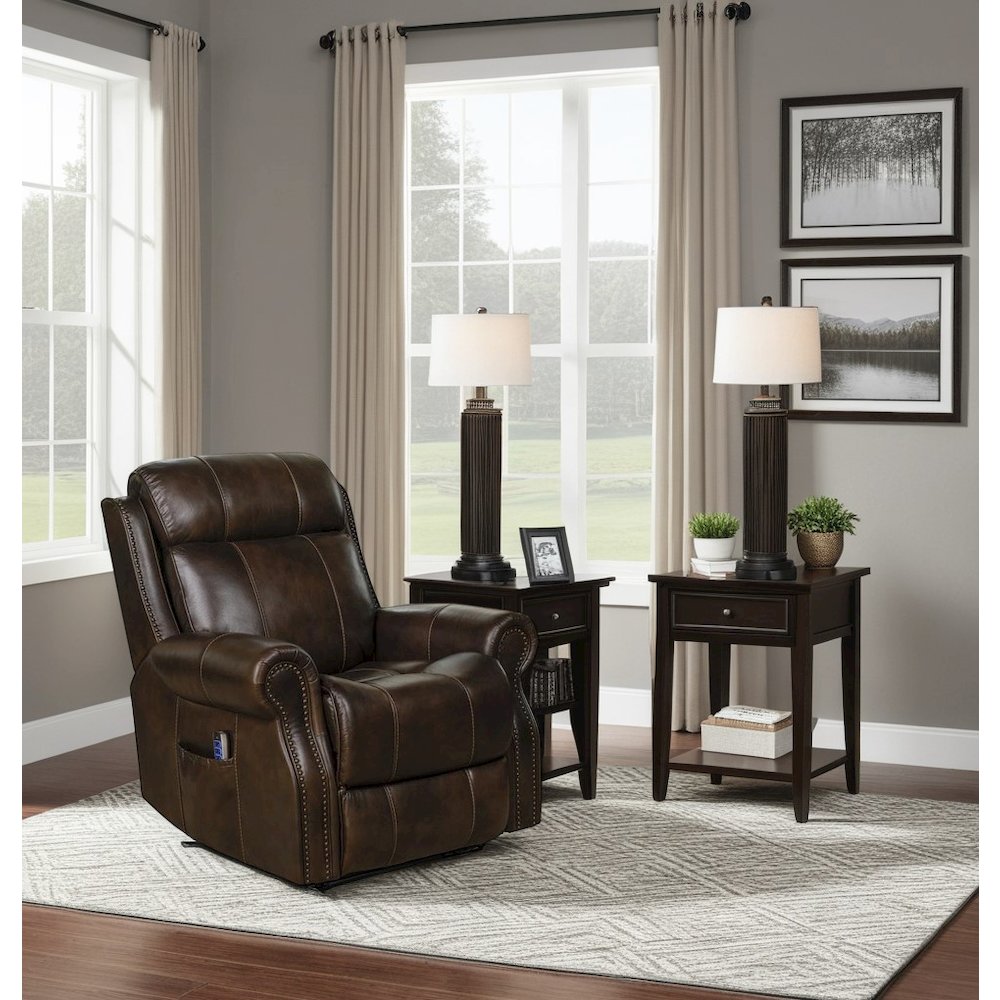 Power Lift Recliner with Adjustable Headrest & Lumbar, Brown Leather