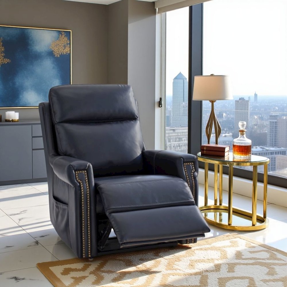 Blue Leather Recliner Chair with Lift, Heat, Power Headrest, and USB