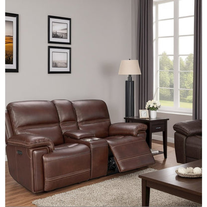 Brown Leather Power Reclining Console Loveseat with Power Headrests and Comfort
