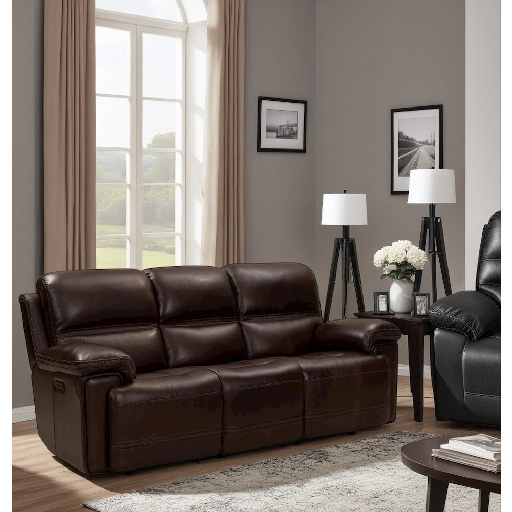 Brown Leather Power Reclining Sofa with Adjustable Headrests and Comfort
