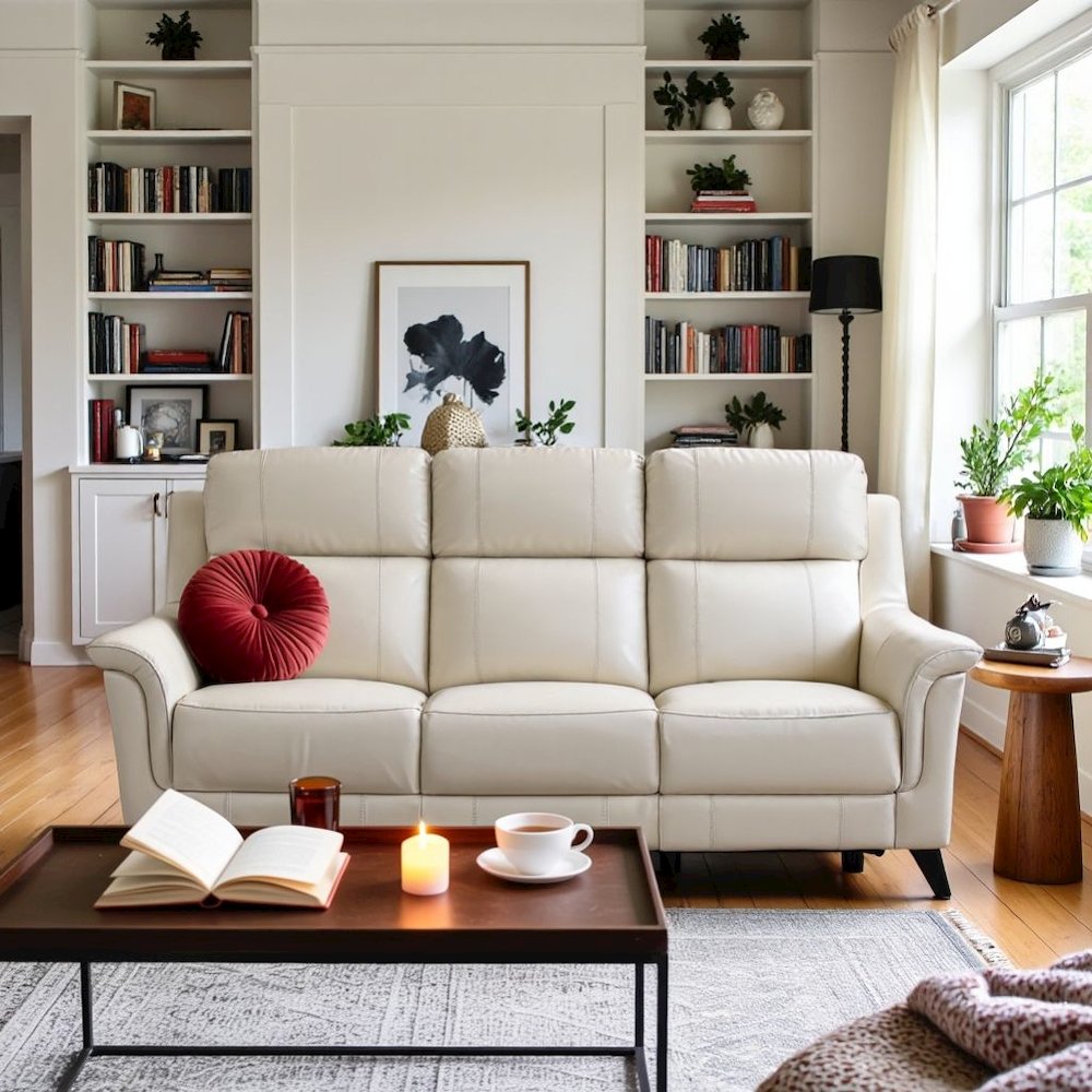 Beige Leather Recliner Sofa with Power Headrests and USB Charging Ports