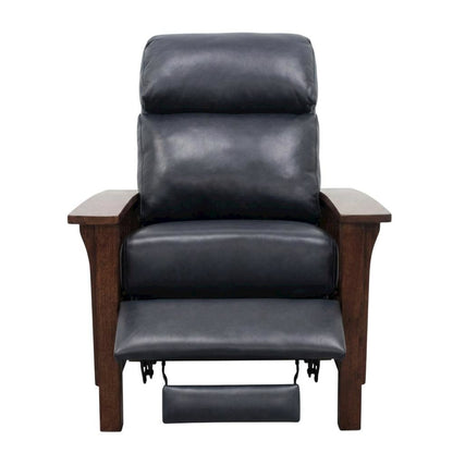 Dark Blue Leather Reclining Chair with Wood Arms and Manual Recliner