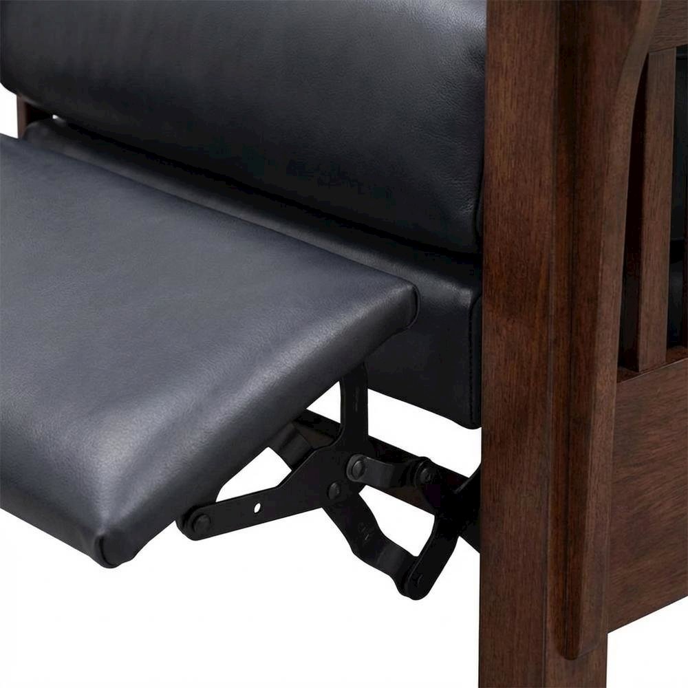 Dark Blue Leather Reclining Chair with Wood Arms and Manual Recliner