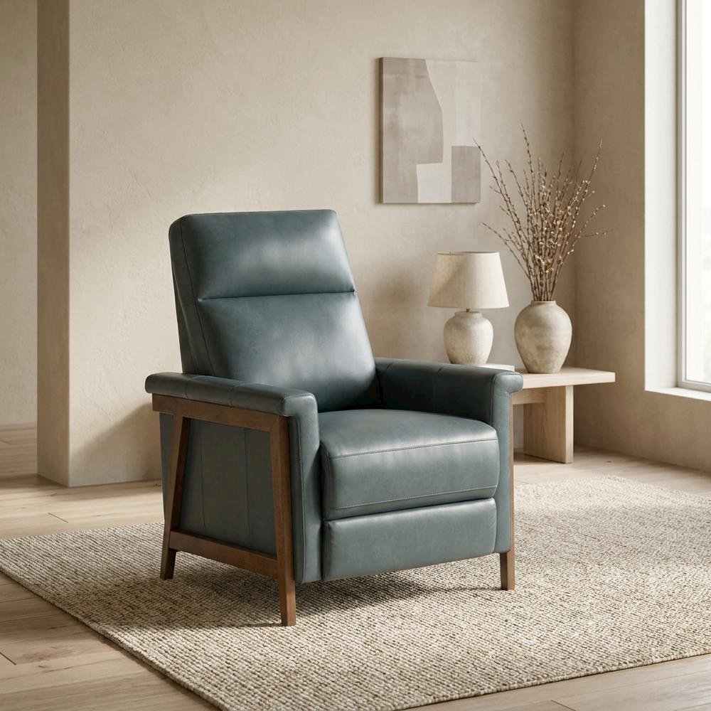 Leather Wall Hugger Recliner Chair with Push-Thru-Arms, Roma Bluegray