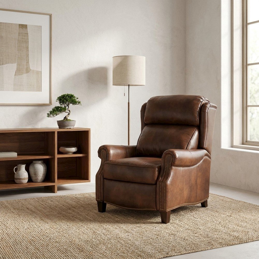 Brown Leather Reclining Chair with Push-Thru Arms and Footrest