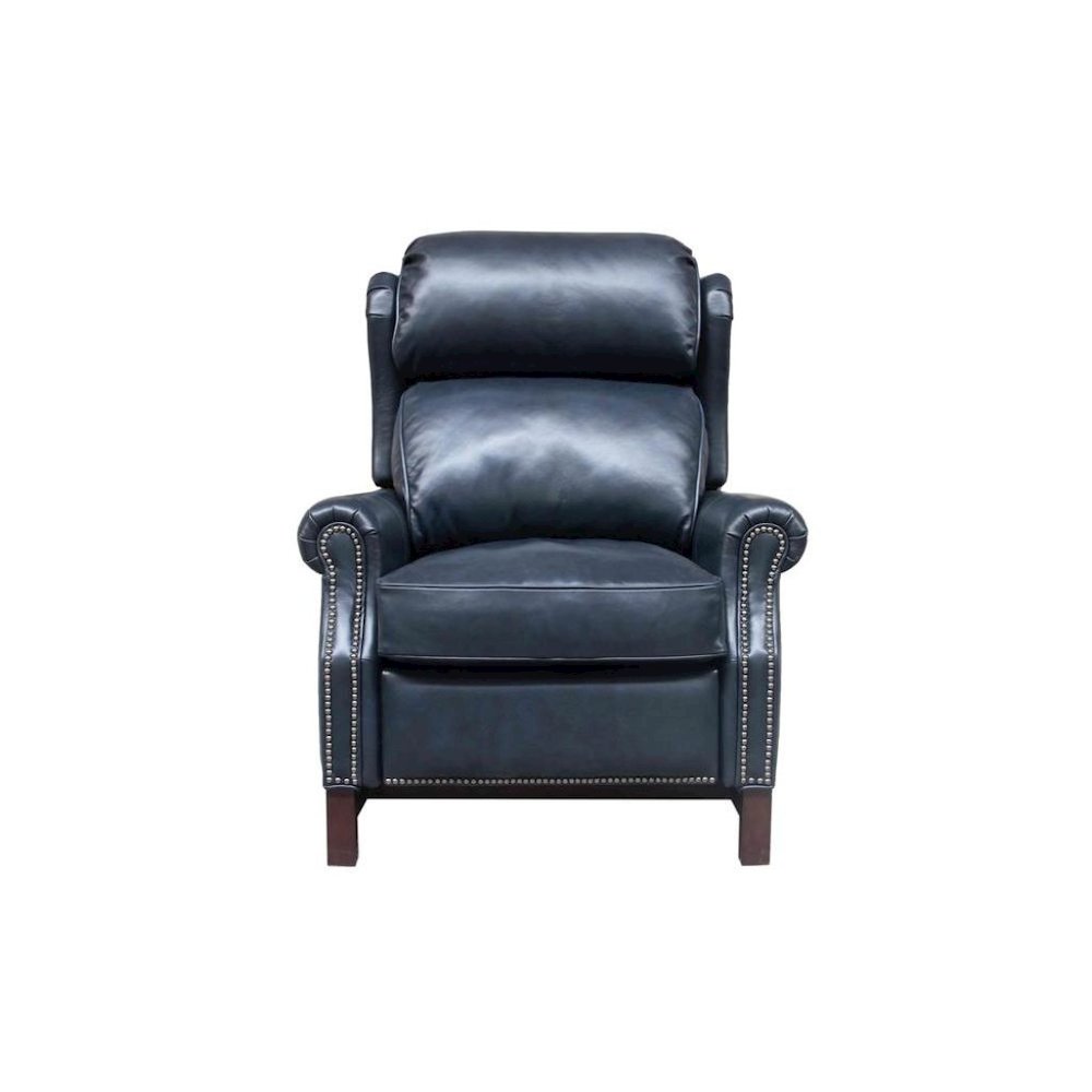 Blue Leather Recliner Chair with Push-Thru Arms and Footrest Support