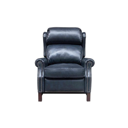 Blue Leather Recliner Chair with Push-Thru Arms and Footrest Support