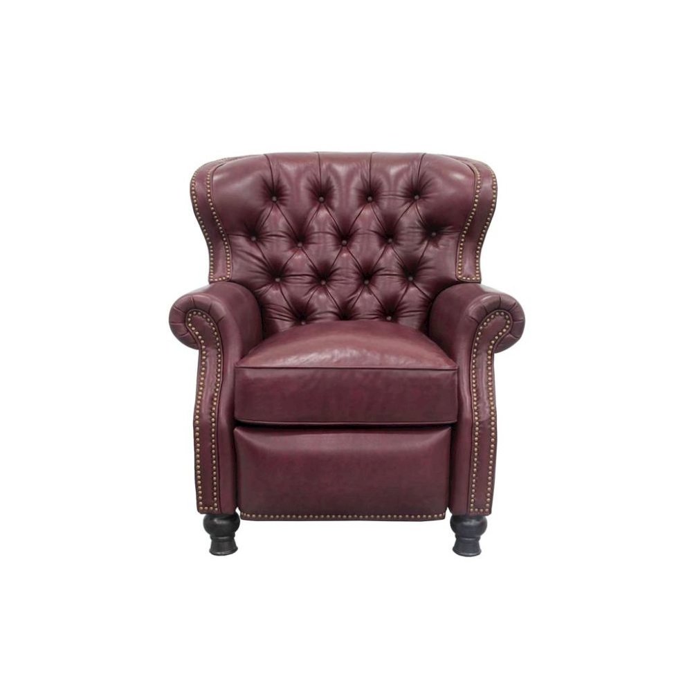 Red Wine Leather Chair Recliner with Tufted Back and Mid Century Style