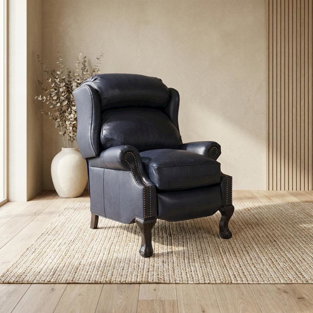 Leather-Upholstered Recliner with Wall-Proximity Design, Shoreham Blue