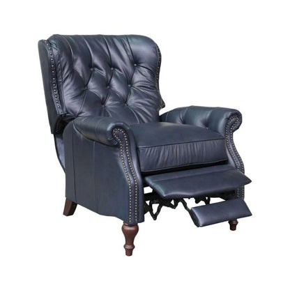 Blue Leather Chair Recliner with Tufted Barrel Back and Footrest