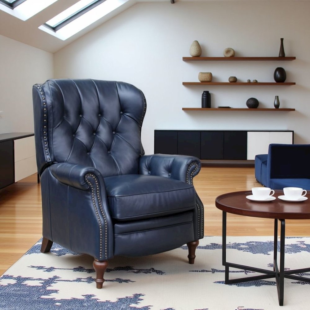 Blue Leather Chair Recliner with Tufted Barrel Back and Footrest