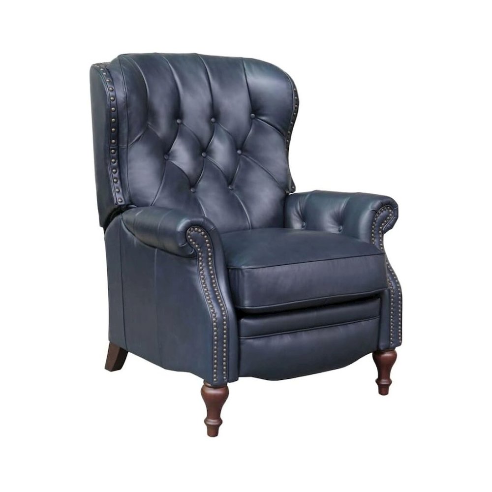 Blue Leather Chair Recliner with Tufted Barrel Back and Footrest