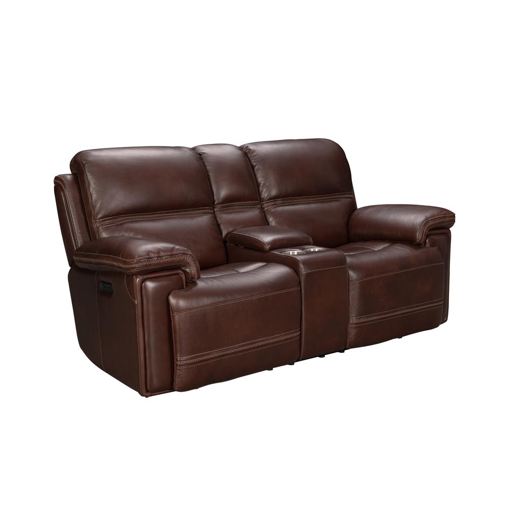 Brown Leather Power Reclining Console Loveseat with Power Headrests and Comfort