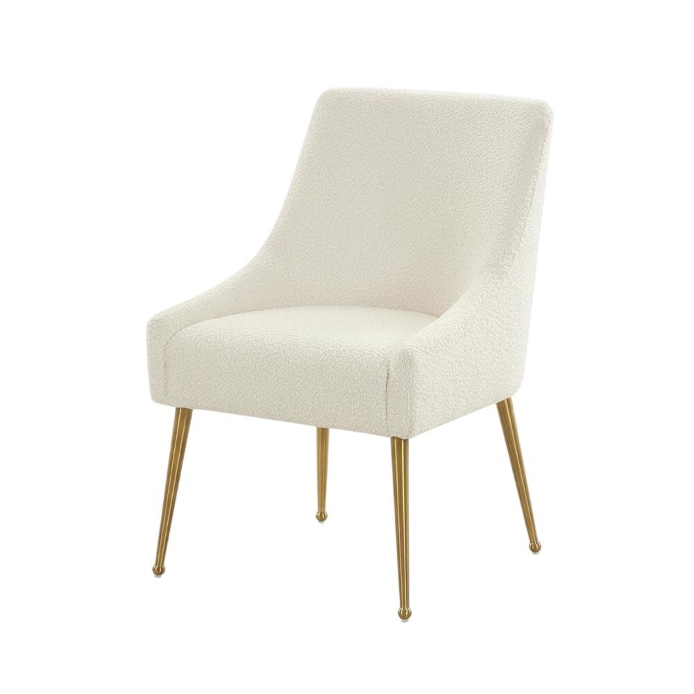 Cream Boucle Side Chair with Gold Legs and Fiber-Wrapped Foam Seat