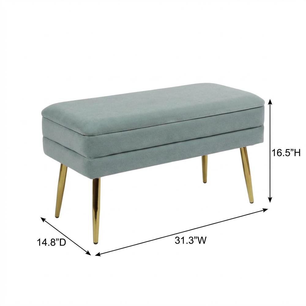 Sea Blue Velvet Storage Bench with Gold Leg Detailing for Living Room