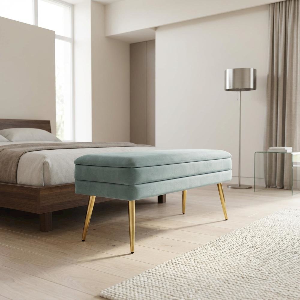 Sea Blue Velvet Storage Bench with Gold Leg Detailing for Living Room