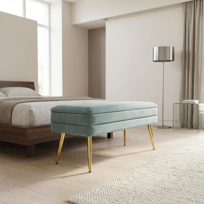 Sea Blue Velvet Storage Bench with Gold Leg Detailing for Living Room