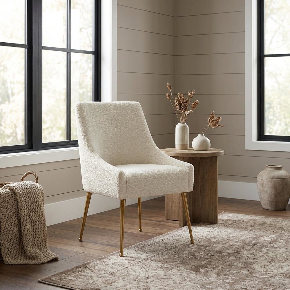 Cream Boucle Side Chair with Gold Legs and Fiber-Wrapped Foam Seat
