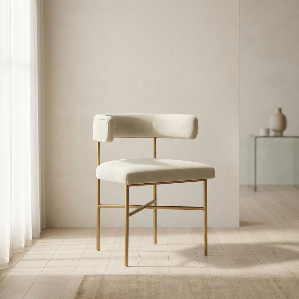 Cream Velvet Dining Chair with Gold Legs and Fiber-Wrapped Foam Seat