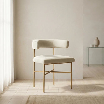 Cream Velvet Dining Chair with Gold Legs and Fiber-Wrapped Foam Seat