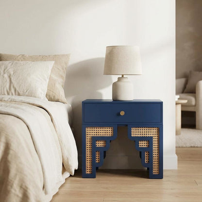 Navy & Rattan Nightstand with Soft-Close Drawers and Elegant Leg Design