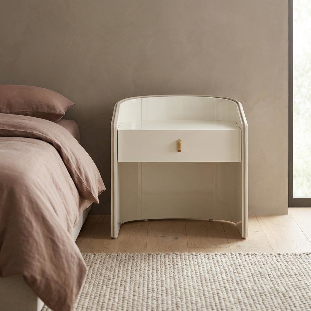Cream Lacquer Nightstand with Soft Close Drawers and Acacia Legs