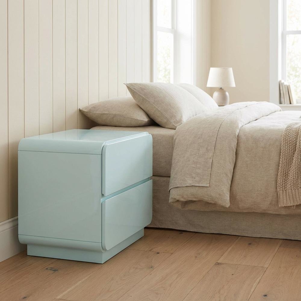 Blue Bedroom Nightstand with Soft-Close Drawers and Acacia Legs
