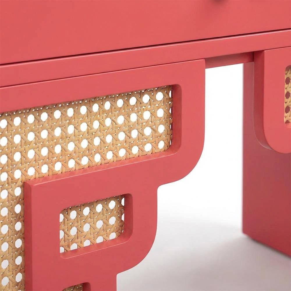 Pink Rattan Nightstand with Soft Close Drawer and Mdf Legs